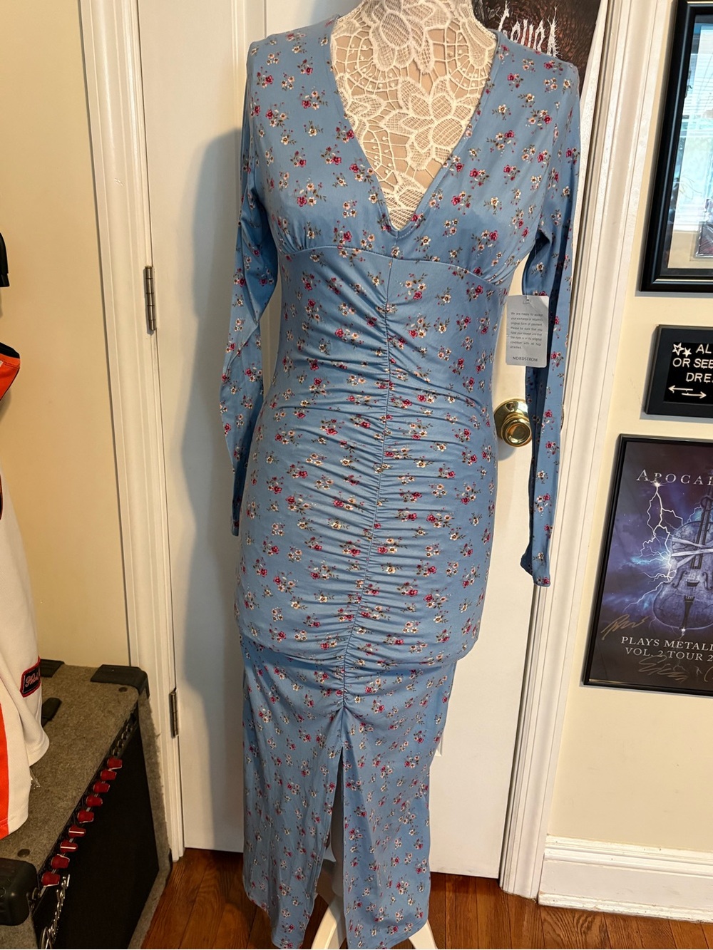 Velvet Torch Floral Ruched Maxi Dress Long Sleeved Blue Cottagecore Large NWT